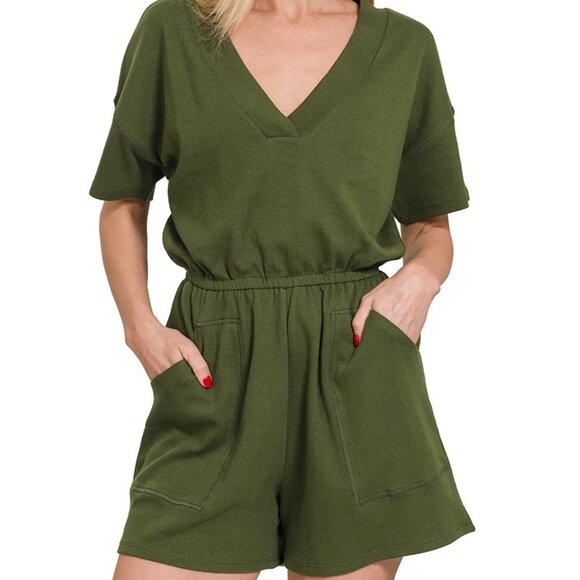 Short Sleeve V Neck Shorts Romper - Picture 1 of 1